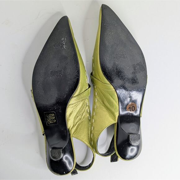 John Fluevog Kitten Heel Slingbacks 10 Green Metallic Leather Statement Shoes - Picture 14 of 16